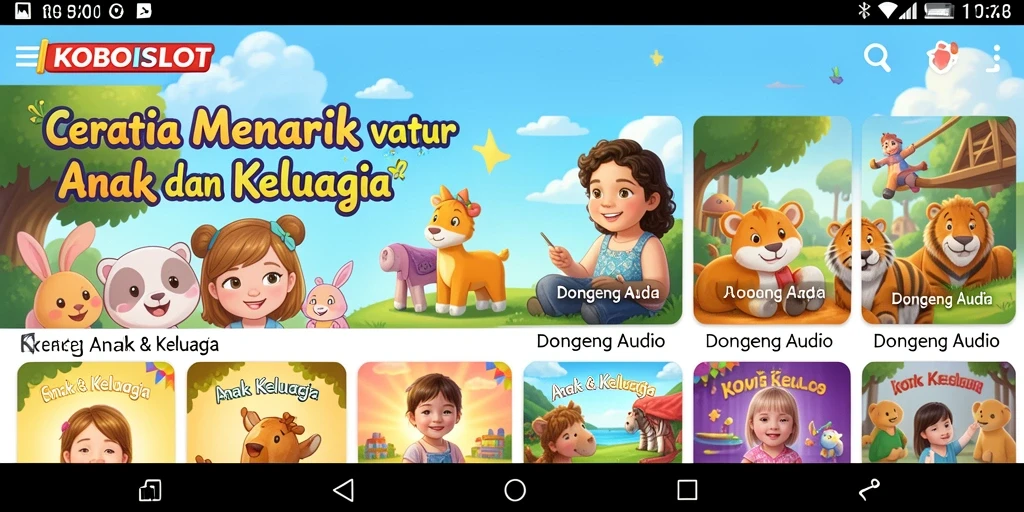 Antarmuka KOBOISLOT yang ramah anak dengan berbagai pilihan cerita.