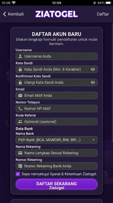 Tampilan halaman daftar ziatogel